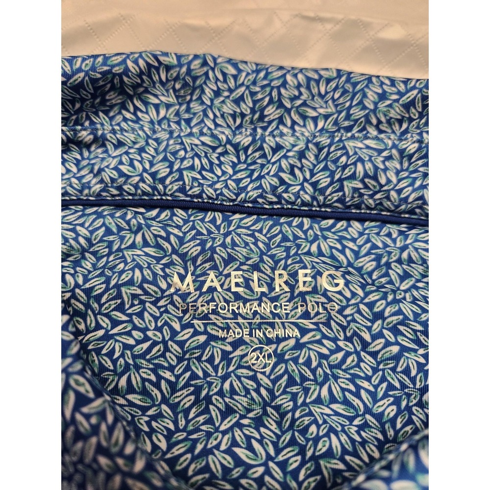 Maelreg Polo Shirt Mens 2XL Blue Leaf Print Golf Performance Stretch Lightweight - Picture 3 of 9